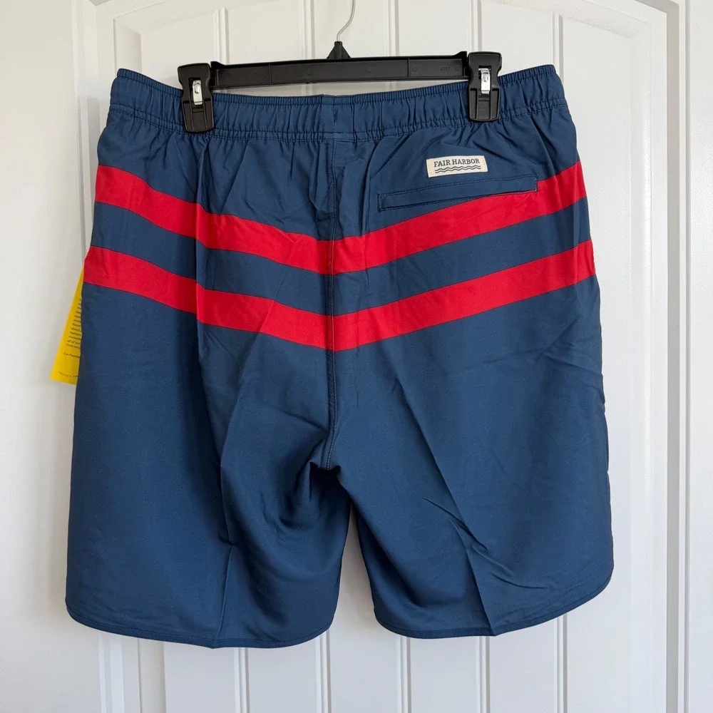 Fair Harbor Mastos Anchor Trunk Red Blue Stripe Men's Swim Large NWT